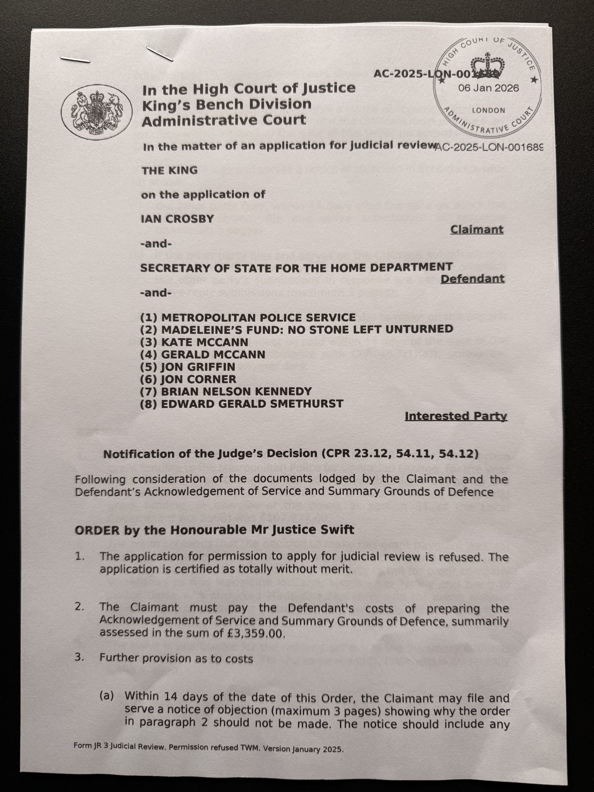 Judicial Review Madeleine McCann case.